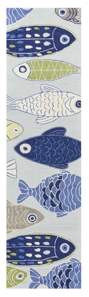 8' Blue Ivory And Green Fish Hand Tufted Runner Rug