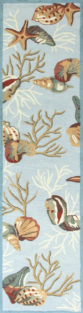 8' Blue Beige And Green Seashell and Coral Hand Tufted Runner Rug