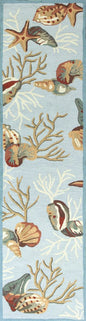 8' Blue Beige And Green Seashell and Coral Hand Tufted Runner Rug