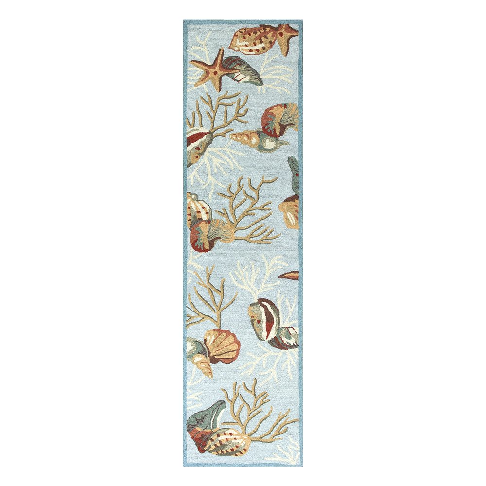 8' Blue Beige And Green Seashell and Coral Hand Tufted Runner Rug