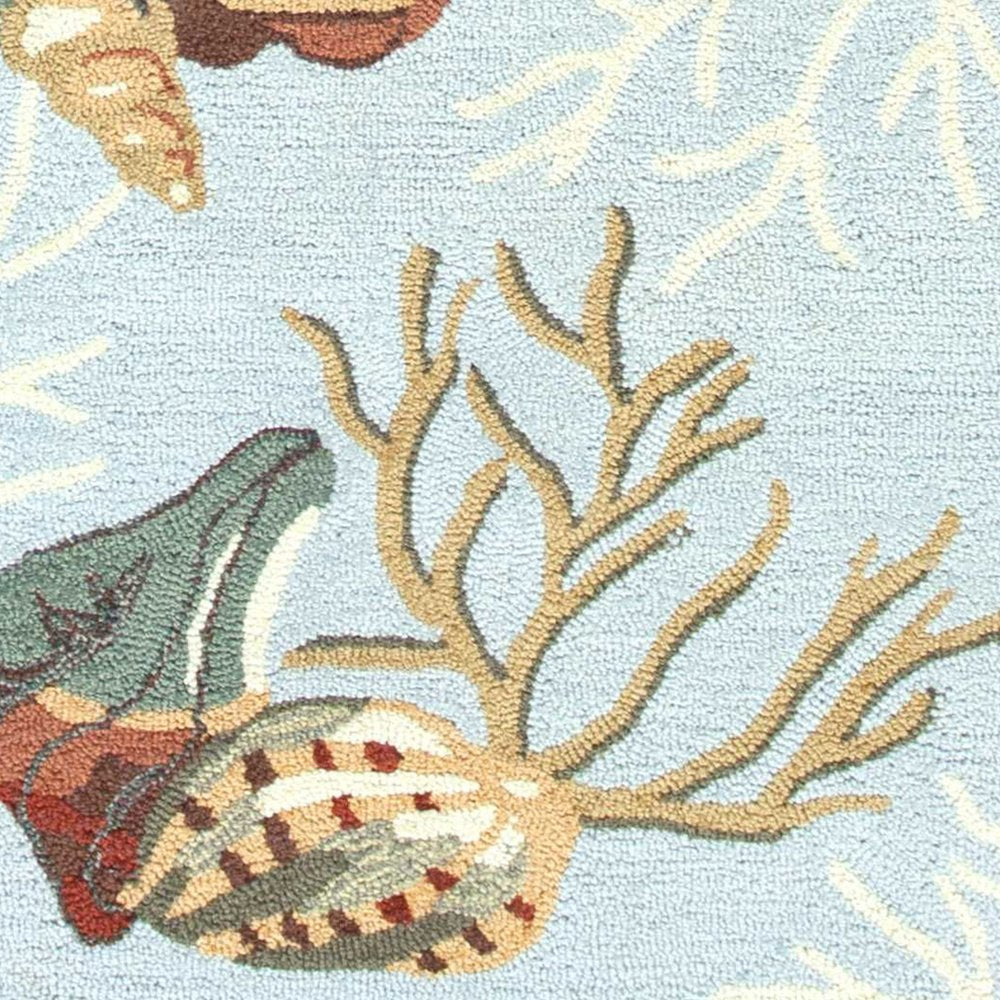 8' Blue Beige And Green Seashell and Coral Hand Tufted Runner Rug