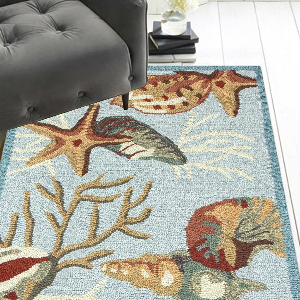8' Blue Beige And Green Seashell and Coral Hand Tufted Runner Rug