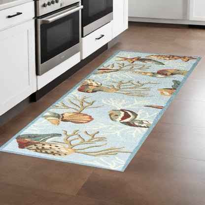 8' Blue Beige And Green Seashell and Coral Hand Tufted Runner Rug