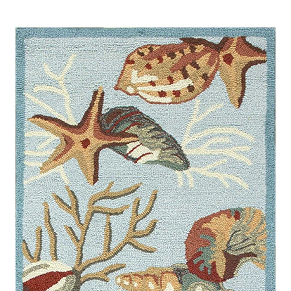 8' Blue Beige And Green Seashell and Coral Hand Tufted Runner Rug
