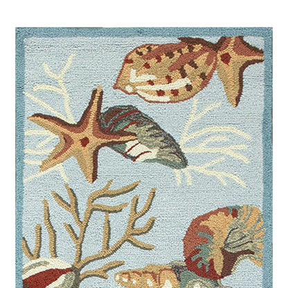8' Blue Beige And Green Seashell and Coral Hand Tufted Runner Rug