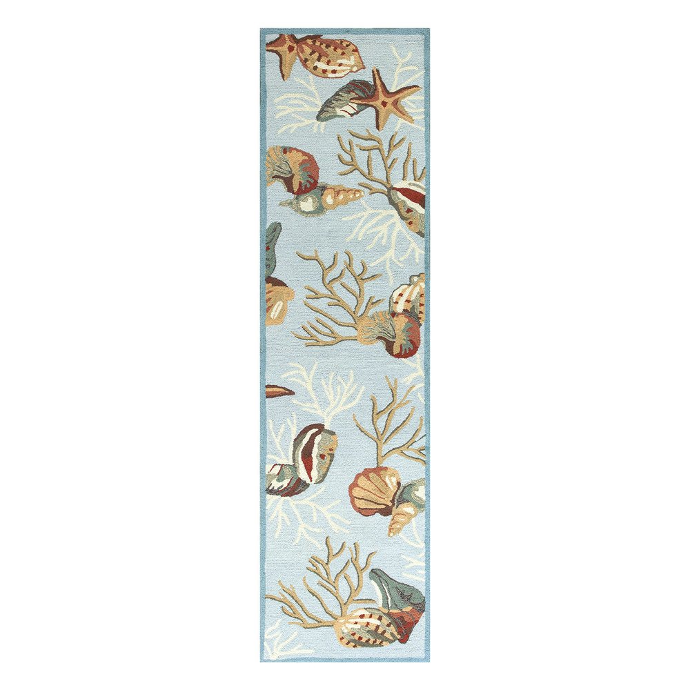 8' Blue Beige And Green Seashell and Coral Hand Tufted Runner Rug