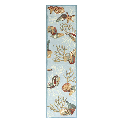 8' Blue Beige And Green Seashell and Coral Hand Tufted Runner Rug