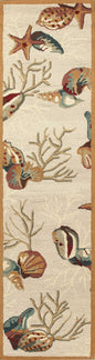 8' Beige Hand Hooked Sea Shells Indoor Runner Rug