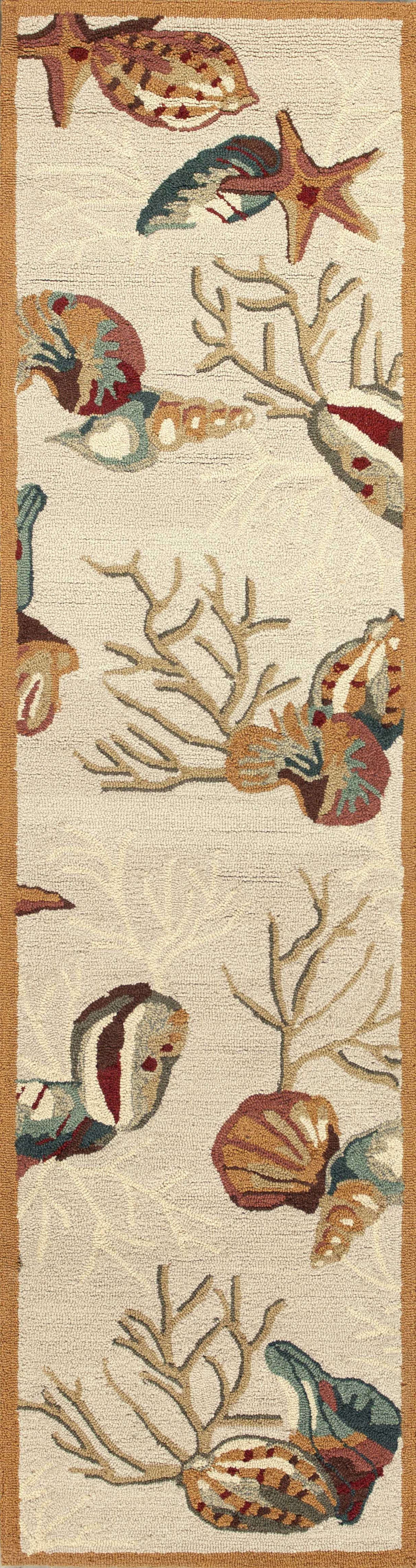 8' Beige Hand Hooked Sea Shells Indoor Runner Rug