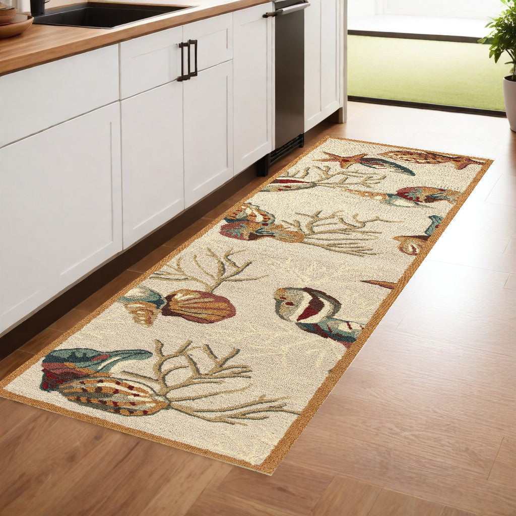 8' Beige Hand Hooked Sea Shells Indoor Runner Rug