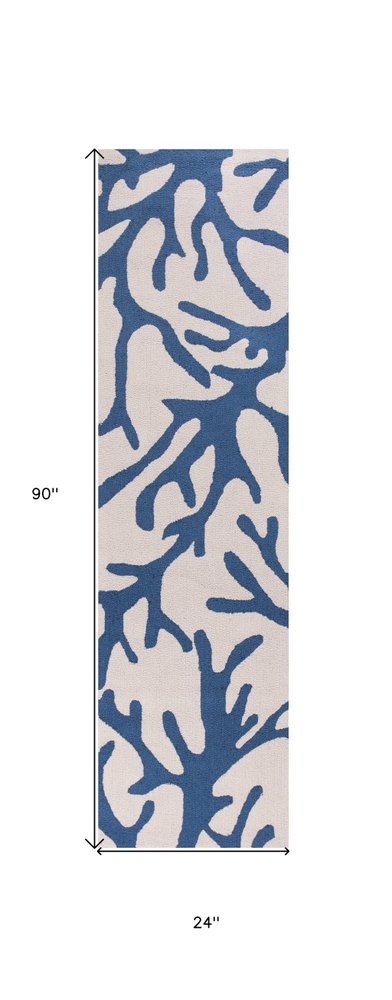 8' Ivory And Blue Runner Rug