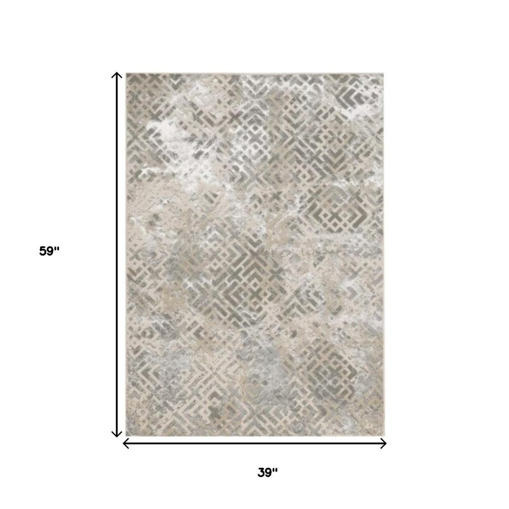 3' X 5' Sand And Light Blue Geometric Distressed Area Rug