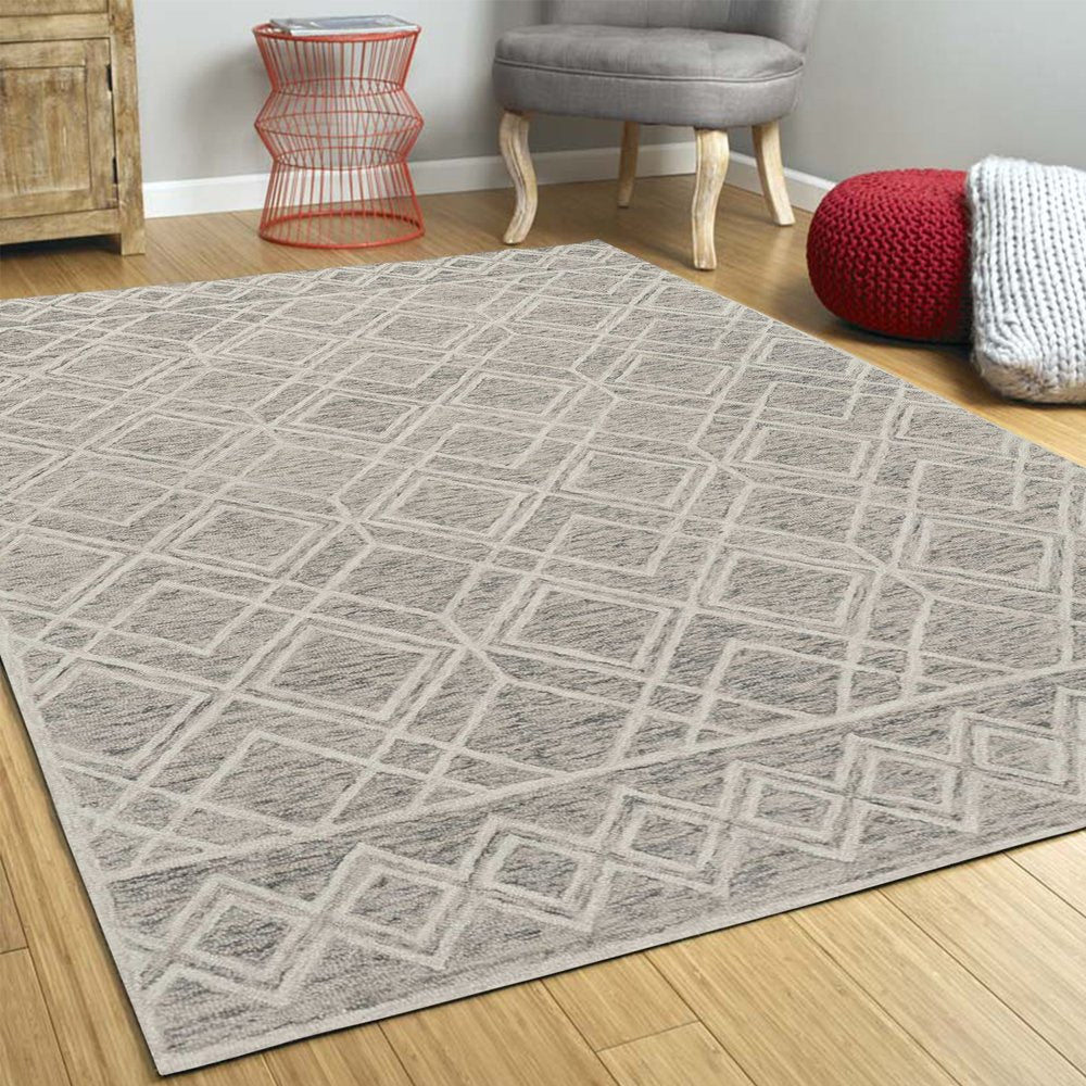 3' X 5' Sand Beige And Ivory Wool Geometric Hand Tufted Area Rug