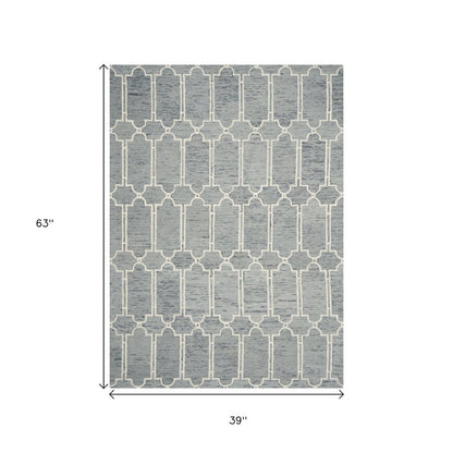 3' X 5' Slate Blue And Ivory Wool Geometric Hand Tufted Area Rug