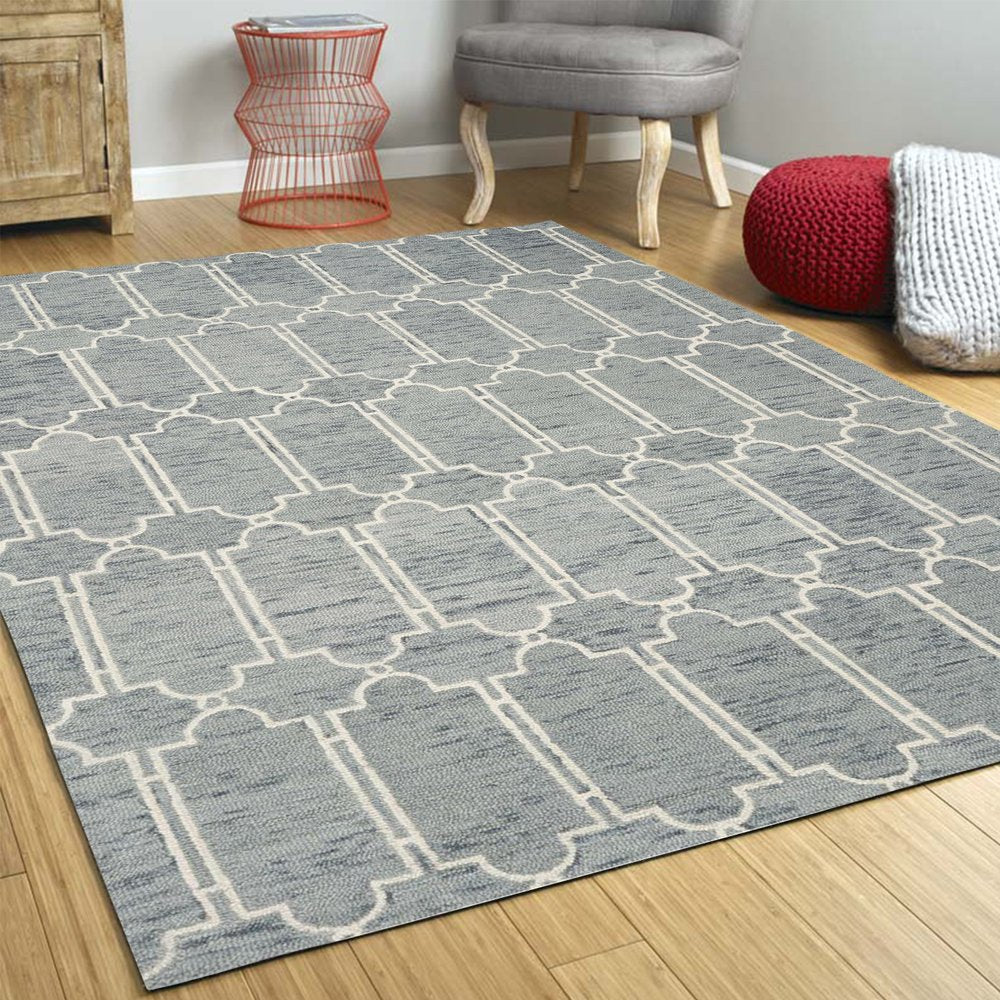 3' X 5' Slate Blue And Ivory Wool Geometric Hand Tufted Area Rug