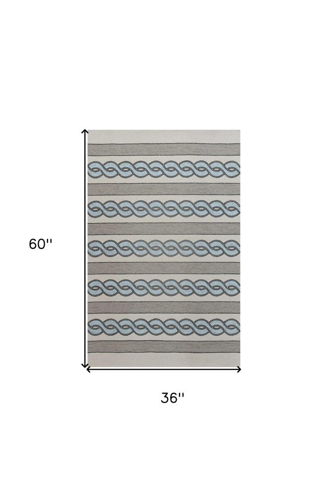 3' X 5' Ivory Light Blue And Gray Geometric Hand Hooked Worn/Fade Area Rug