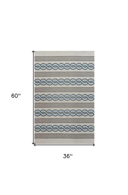3' X 5' Ivory Light Blue And Gray Geometric Hand Hooked Worn/Fade Area Rug