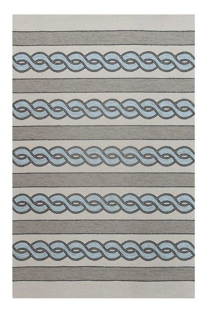 3' X 5' Ivory Light Blue And Gray Geometric Hand Hooked Worn/Fade Area Rug