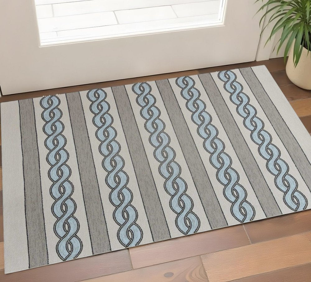 7' X 7' Ivory Light Blue And Gray Geometric Hand Hooked Square Rug