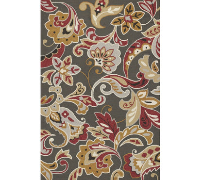 7' Taupe Red And Gray Floral Hand Tufted Round Rug With UV Protection