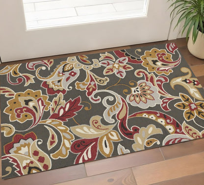 7' Taupe Red And Gray Floral Hand Tufted Round Rug With UV Protection