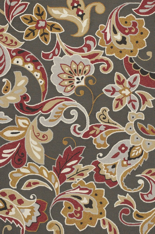 7' Taupe Red And Gray Floral Hand Tufted Round Rug With UV Protection