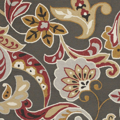 7' Taupe Red And Gray Floral Hand Tufted Round Rug With UV Protection