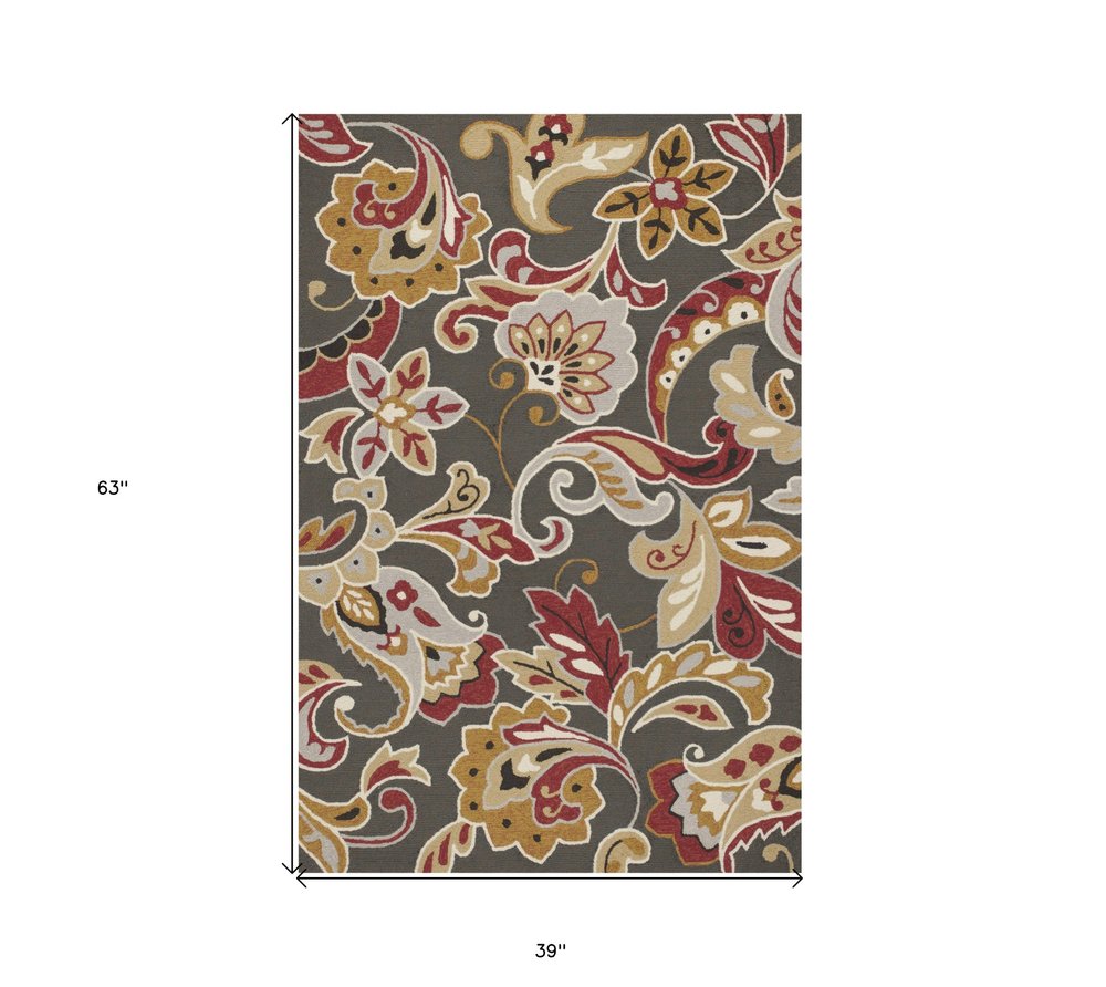 3' X 5' Taupe Red And Gray Floral Hand Tufted Area Rug