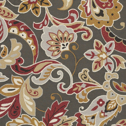 7' Taupe Red And Gray Floral Hand Tufted Round Rug With UV Protection