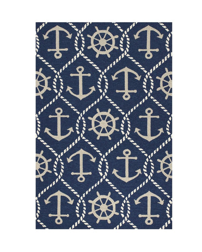 3' X 5' Navy Blue Gold And White Nautical Handmade Indoor Outdoor Area Rug