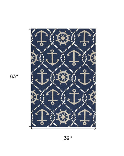3' X 5' Navy Blue Gold And White Nautical Handmade Indoor Outdoor Area Rug