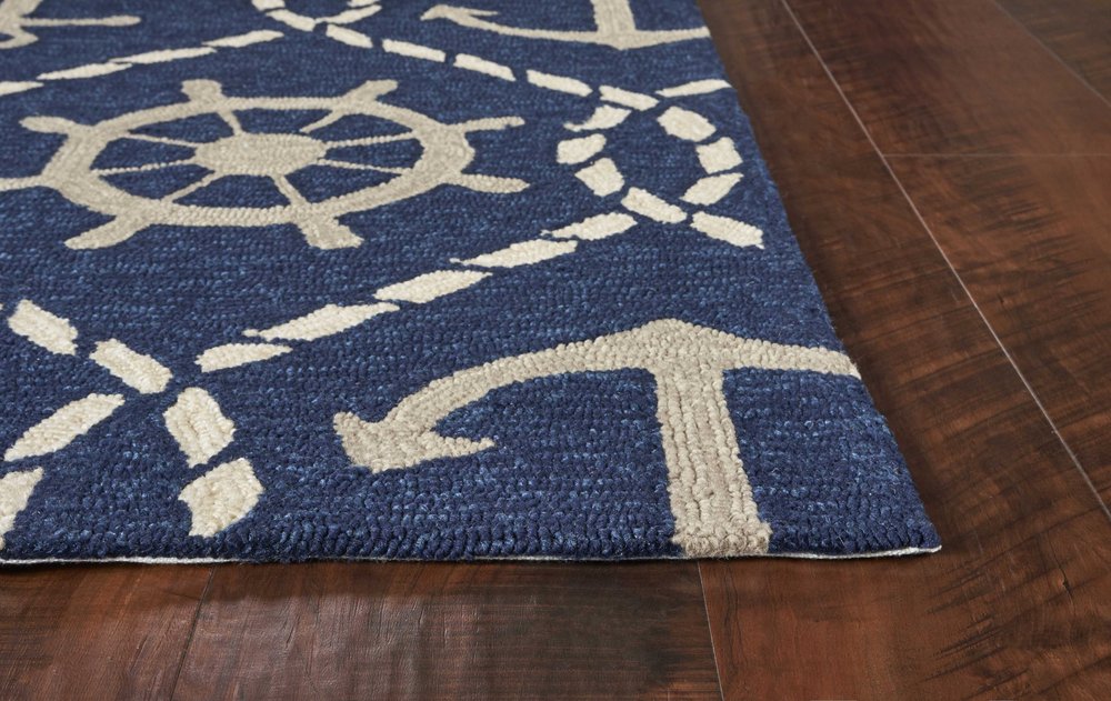 3' X 5' Navy Blue Gold And White Nautical Handmade Indoor Outdoor Area Rug