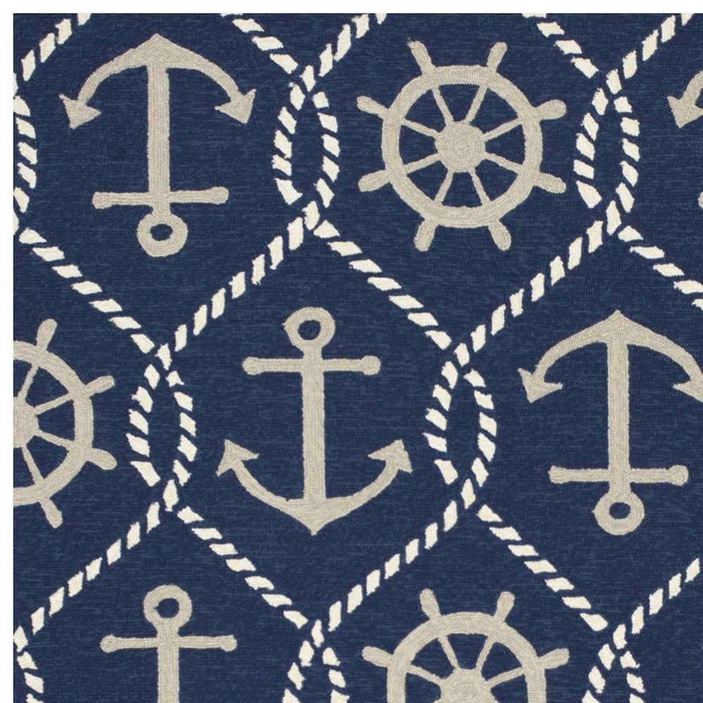 3' X 5' Navy Blue Gold And White Nautical Handmade Indoor Outdoor Area Rug