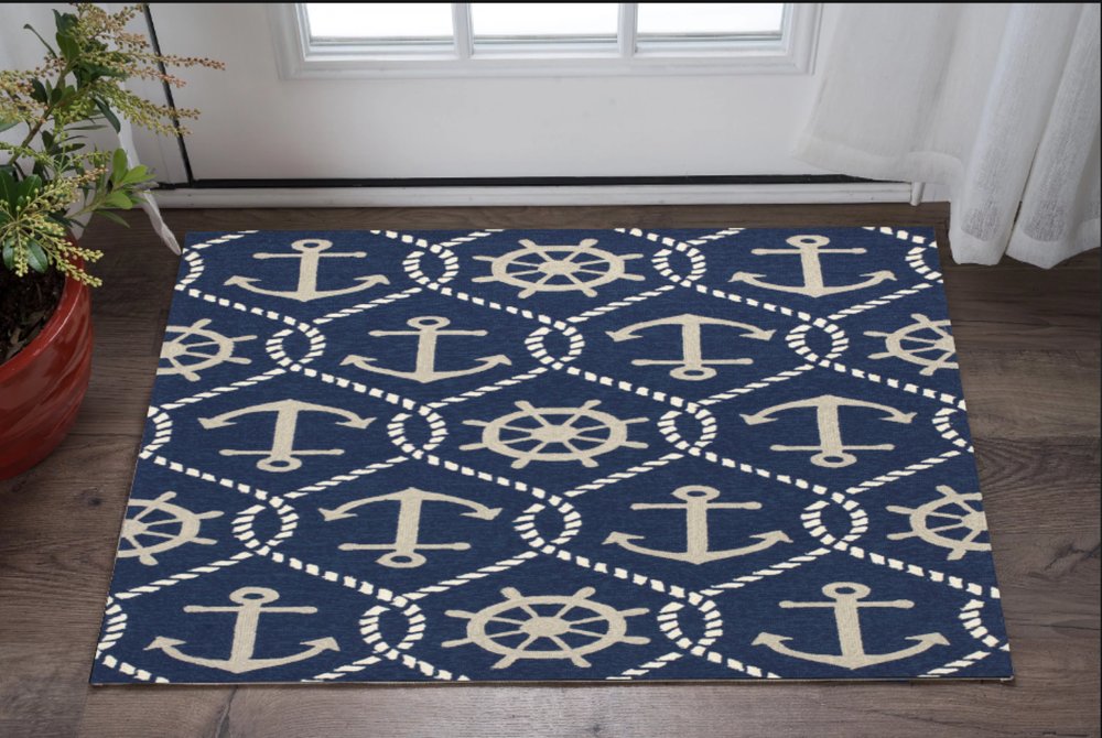 7' Navy Blue Round Nautical Handmade Indoor Outdoor Area Rug