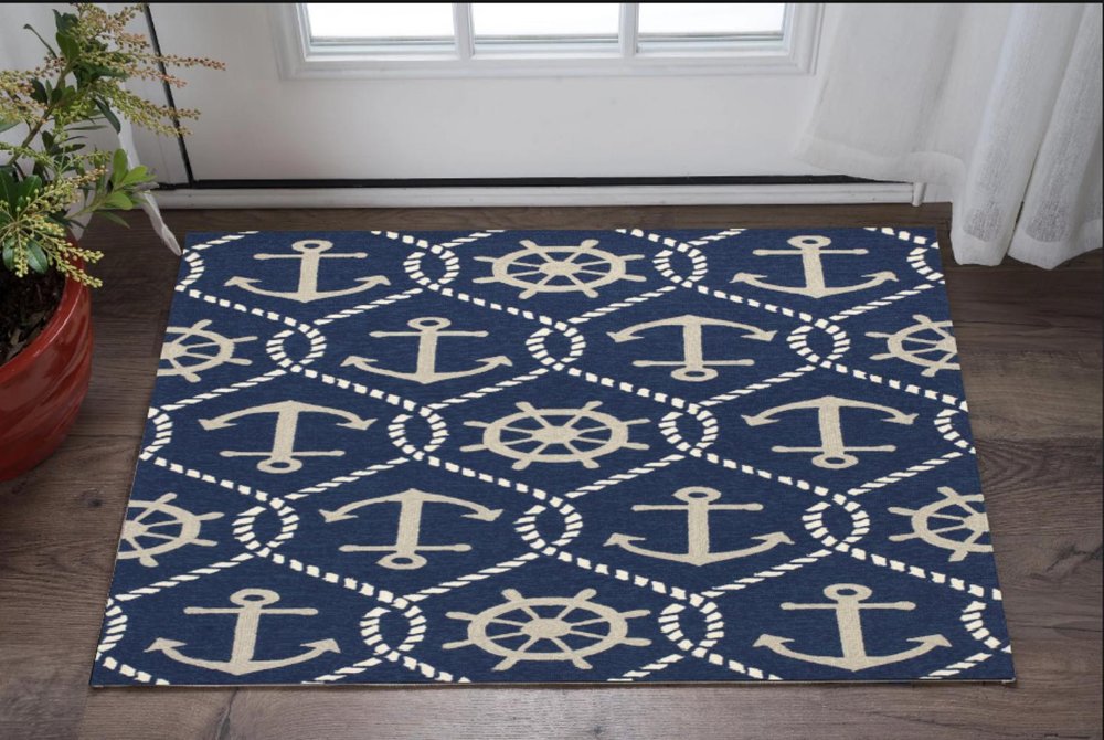 3' X 5' Navy Blue Gold And White Nautical Handmade Indoor Outdoor Area Rug