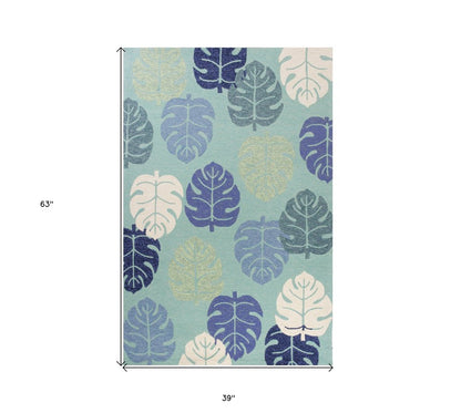 3' X 5' Turquoise And Ivory Botanical Leaves Hand Tufted Area Rug