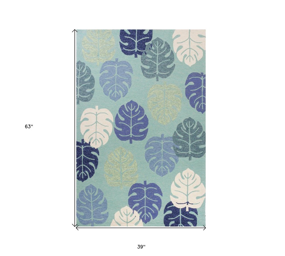 3' X 5' Turquoise And Ivory Botanical Leaves Hand Tufted Area Rug
