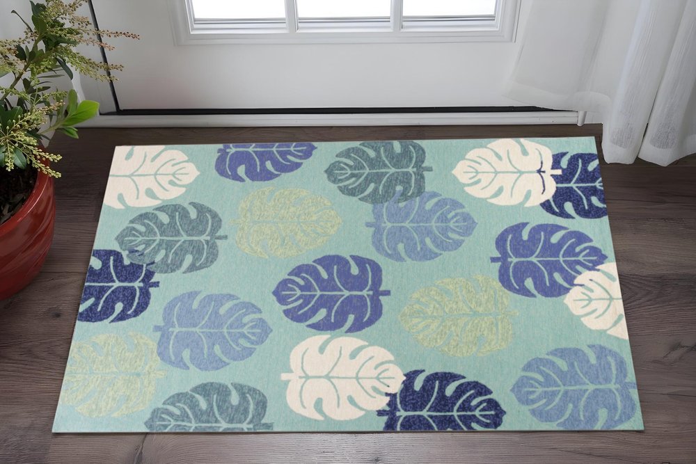 3' X 5' Turquoise And Ivory Botanical Leaves Hand Tufted Area Rug