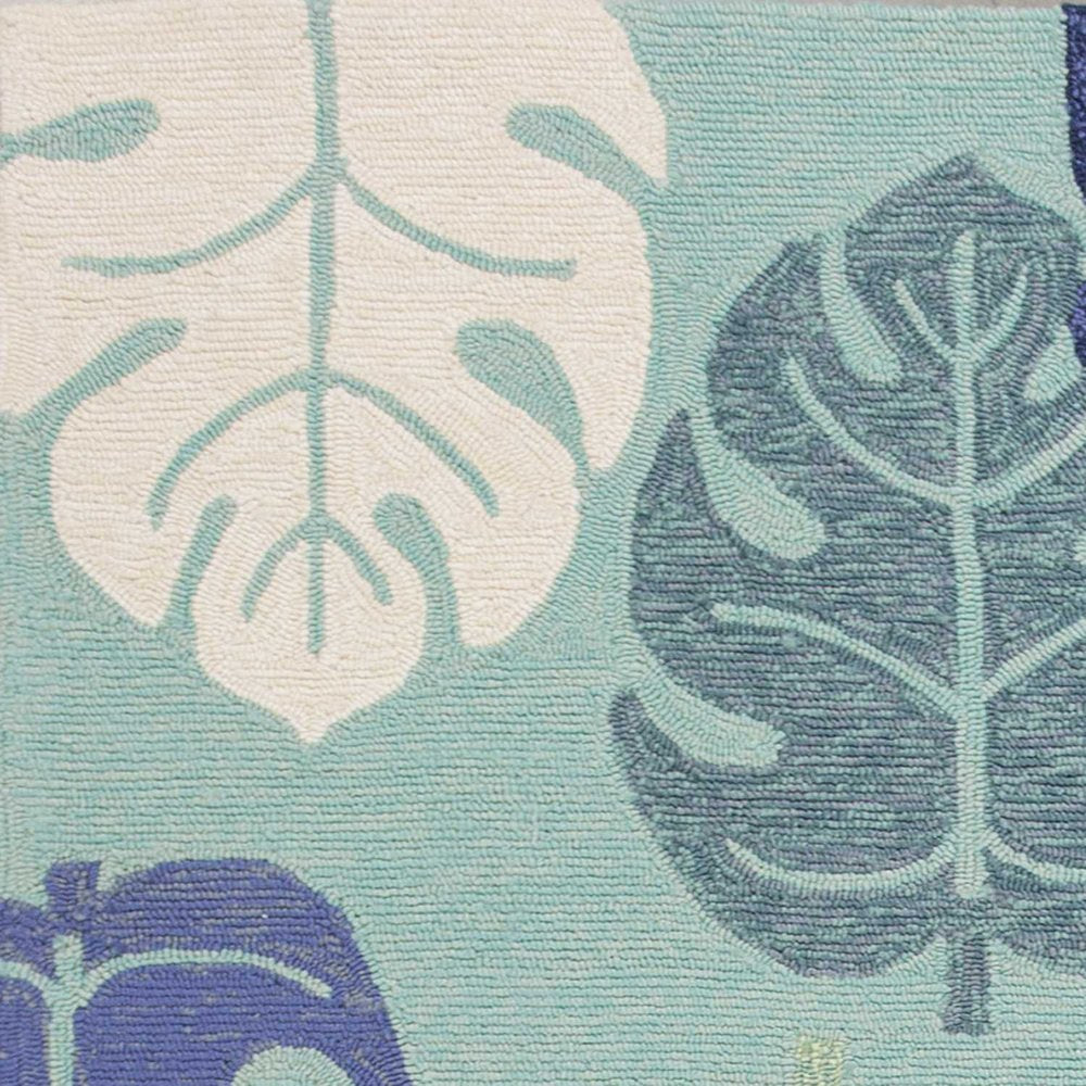 7' Turquoise And Ivory Botanical Leaves Hand Tufted Round Rug
