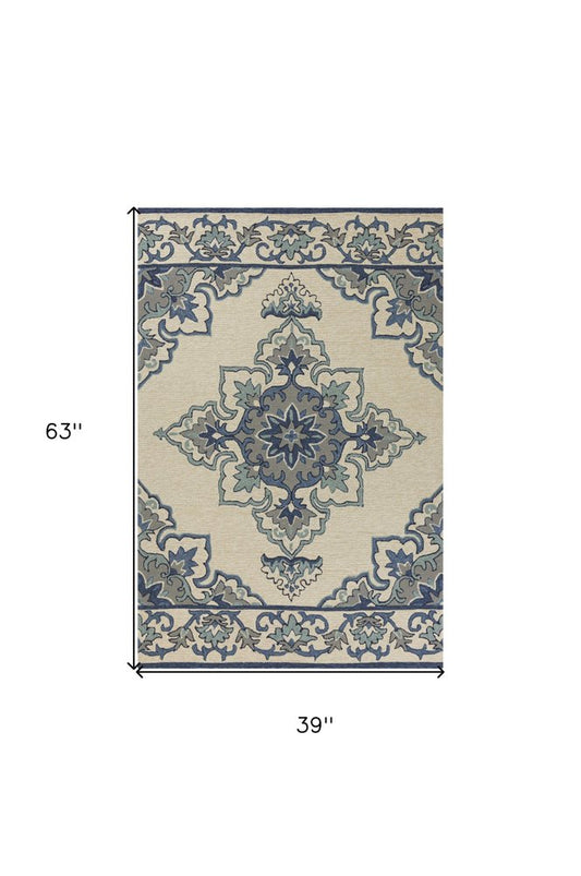 8' X 10' Ivory And Blue Damask Indoor Outdoor Area Rug
