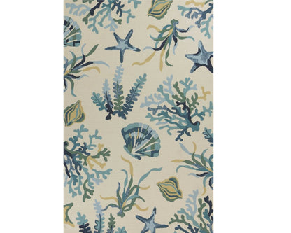 3' X 5' Ivory and Blue Seashell and Coral Hand Tufted Area Rug