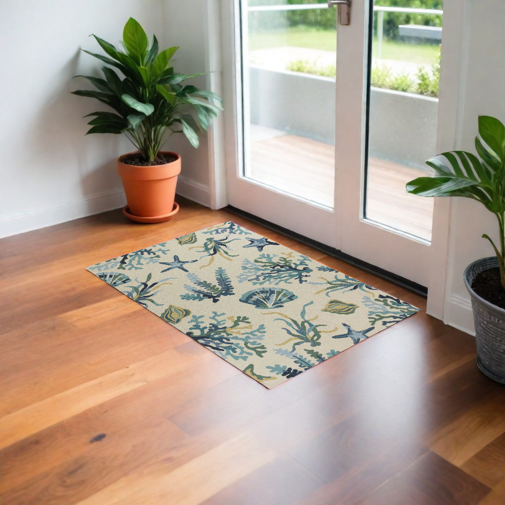 3' X 5' Ivory and Blue Seashell and Coral Hand Tufted Area Rug