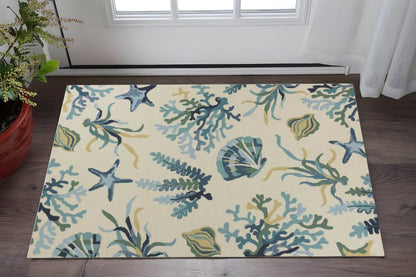 7' Round Uv Treated Polypropylene Ivory Or Blue Area Rug