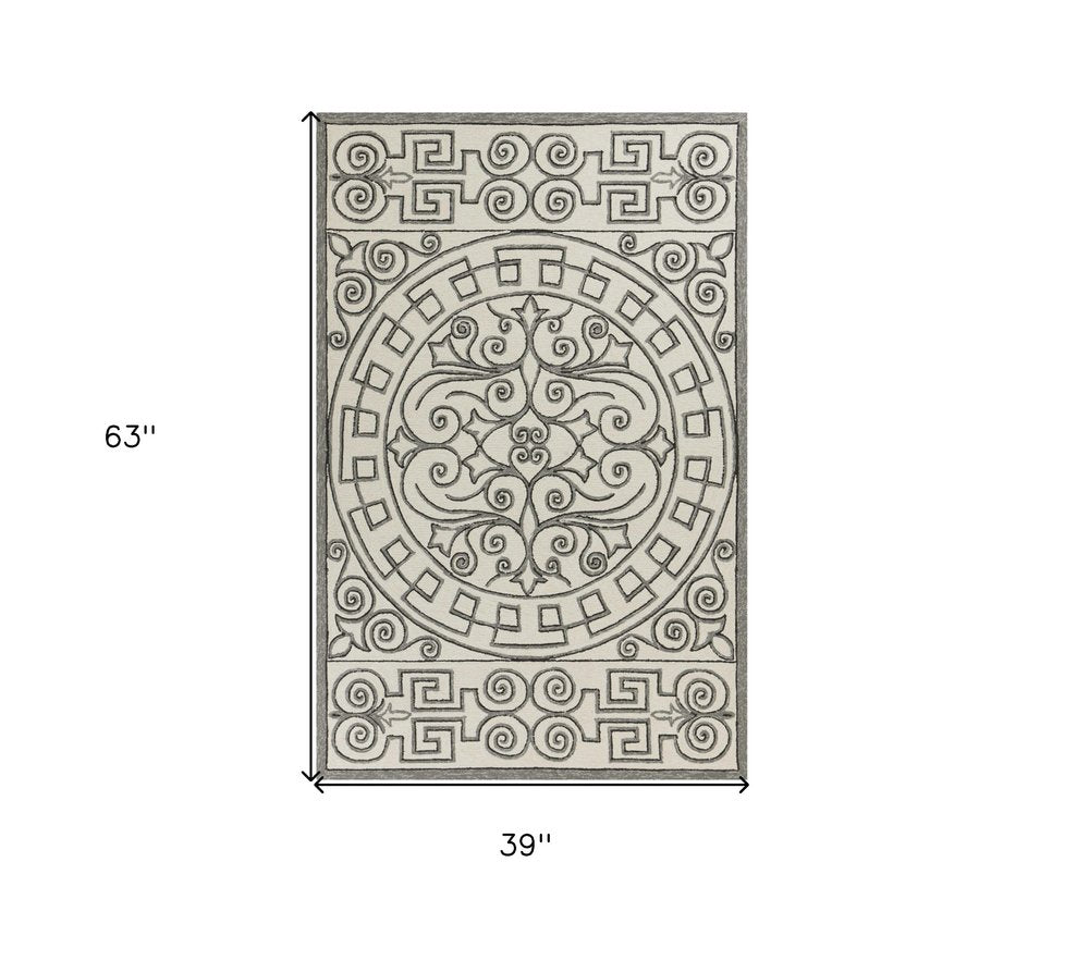 5' X 8' Gray And Ivory Damask Indoor Outdoor Area Rug