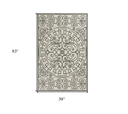 5' X 8' Gray And Ivory Damask Indoor Outdoor Area Rug