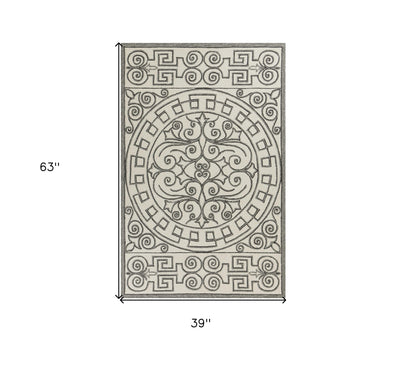 5' X 8' Gray And Ivory Damask Indoor Outdoor Area Rug