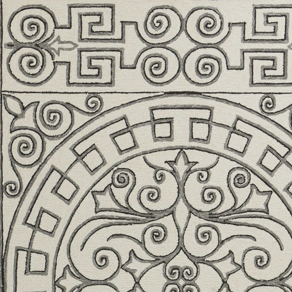 8' Gray And Ivory Round Damask Indoor Outdoor Area Rug