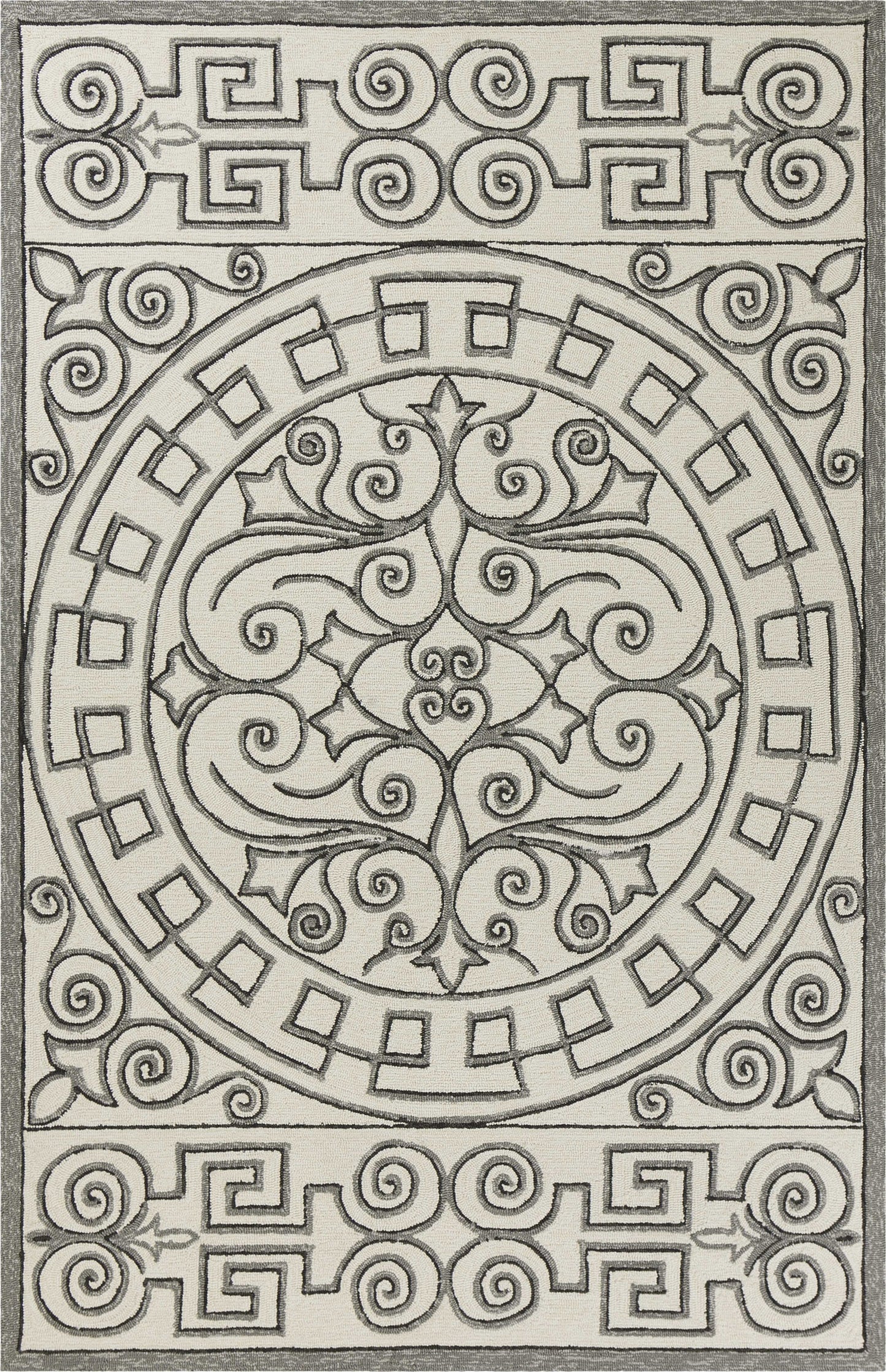 5' X 8' Gray And Ivory Damask Indoor Outdoor Area Rug