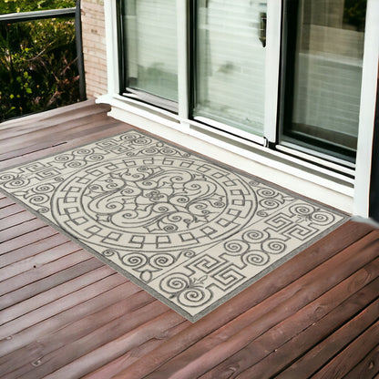5' X 8' Gray And Ivory Damask Indoor Outdoor Area Rug