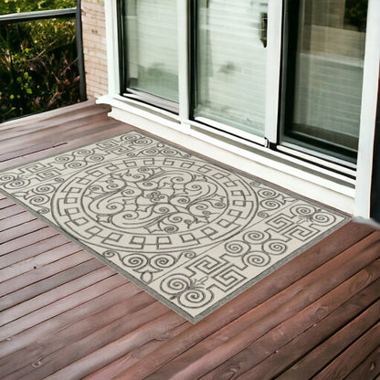 8' Gray And Ivory Round Damask Indoor Outdoor Area Rug